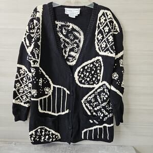 Adrienne Vittadini Button Cardigan Sweater Sz M 100% Cotton Abstract Black White